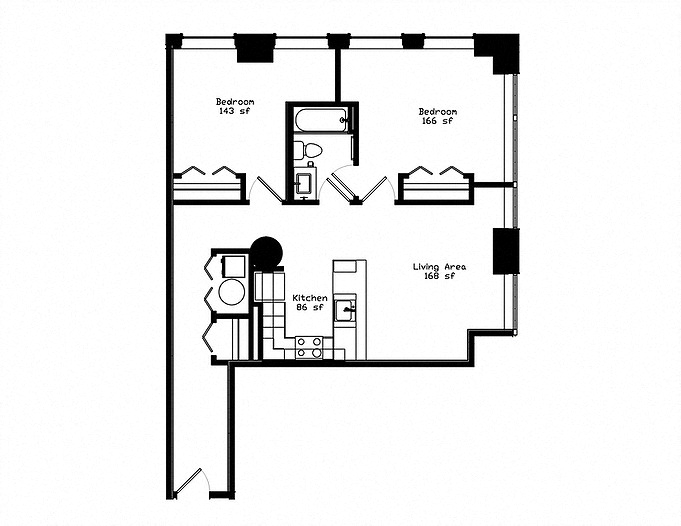 Floor plan for 2 beds, 2 baths, 1047 sqft
